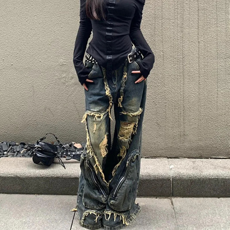 Winter Punk Sexy Vintage Ripped Harajuku Loose Jeans Y2K Hollow Out Trashy Pants Womens BaggyTassels Denim Trouser 250306