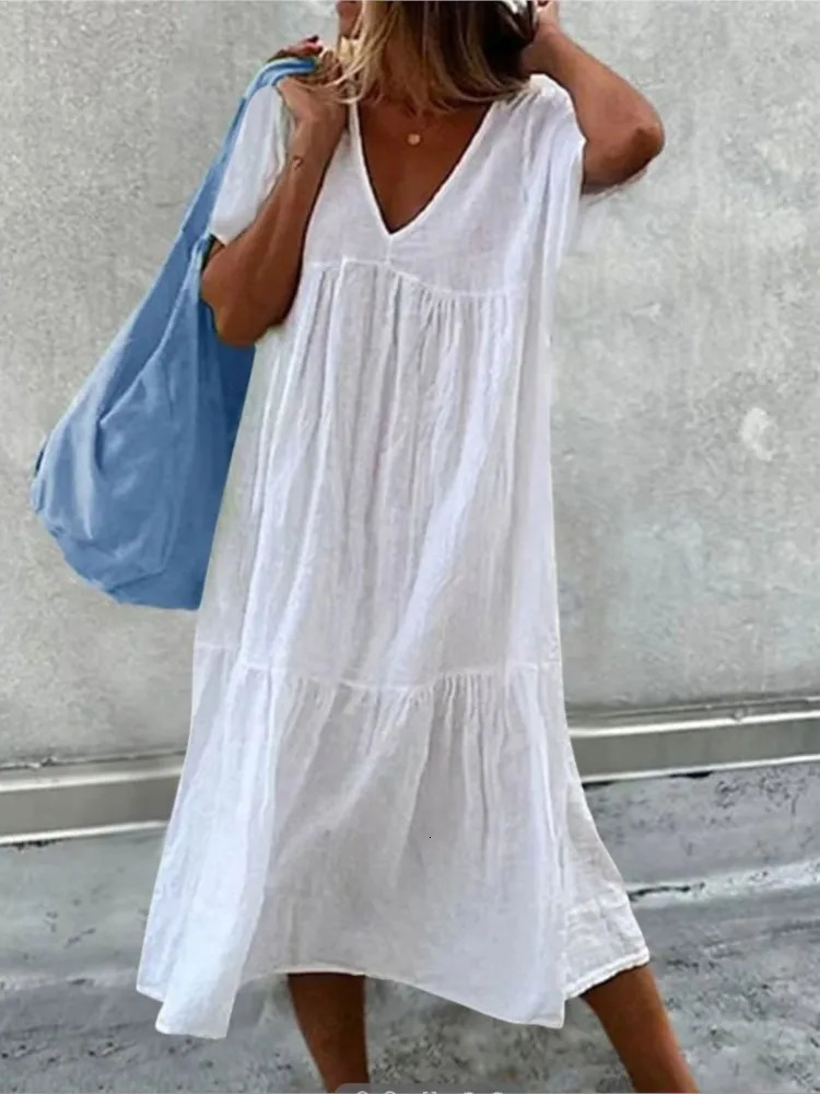 Solid color cotton linen Midi dress for women fashionable and casual V-neck short sleeved loose dress simple style womens dress 250306