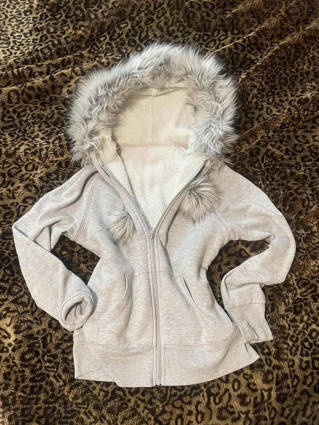 Polar Fleece Gray Fur Collar Cardigan Womens Lined Thickened Cotton Jacket Winter Short Slim Fit Warm Versatile Sweater 250310