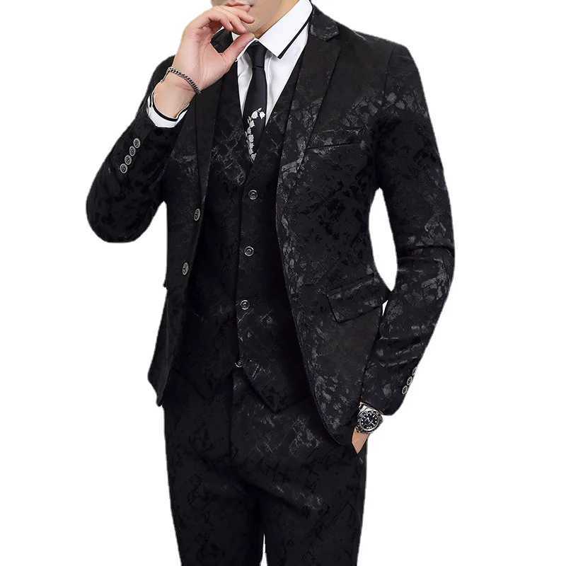 High-end Brand Suit Men Clothing Fashion Business Banquet Wedding Blazers Jacket with Vest and Pants Black / Blue Size 6XL W250310