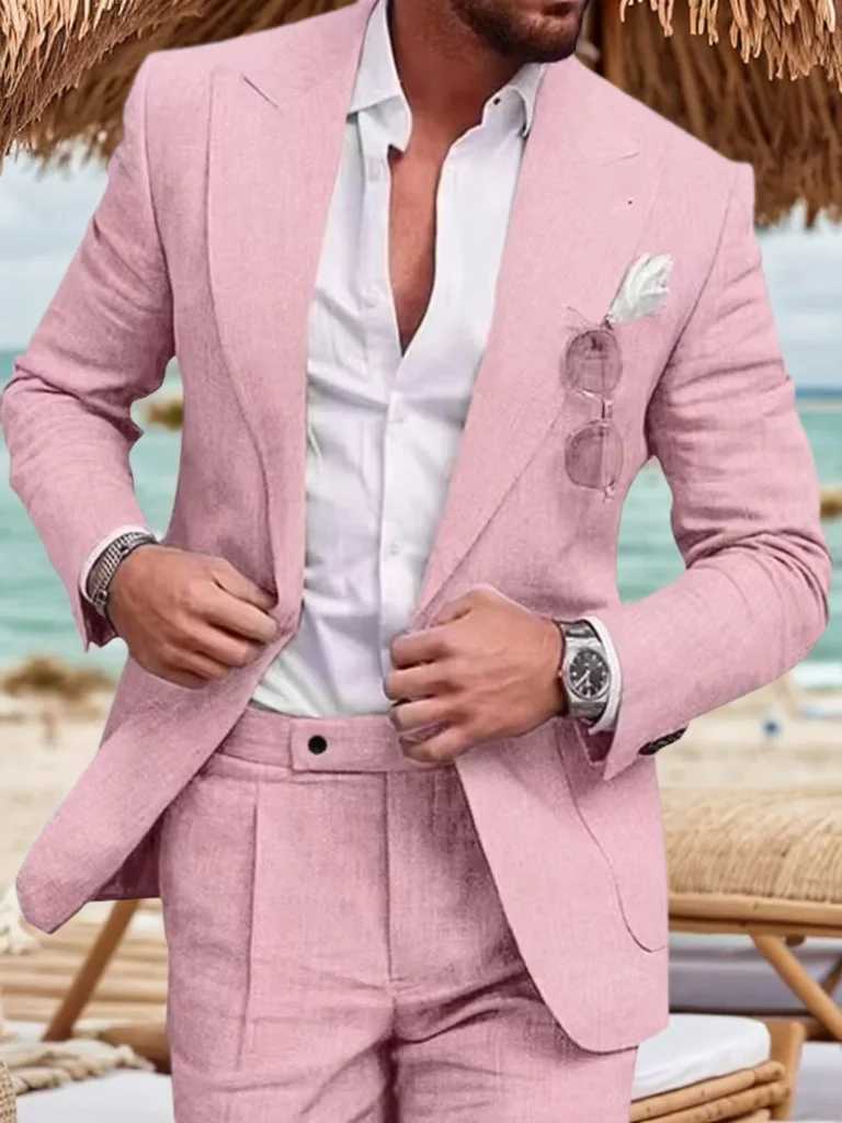 Classic mens linen set 2-piece jacket and pants ultra-thin set summer beach wedding single button linen set W250310