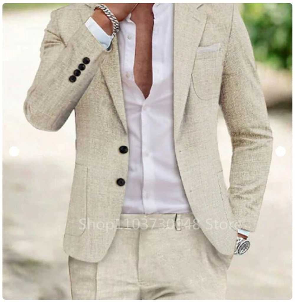 Light blue/beige linen summer mens clothing with a notch collar ultra-thin fit double button jacket pants Groom Tuxedos wedding party 2-piece set W2