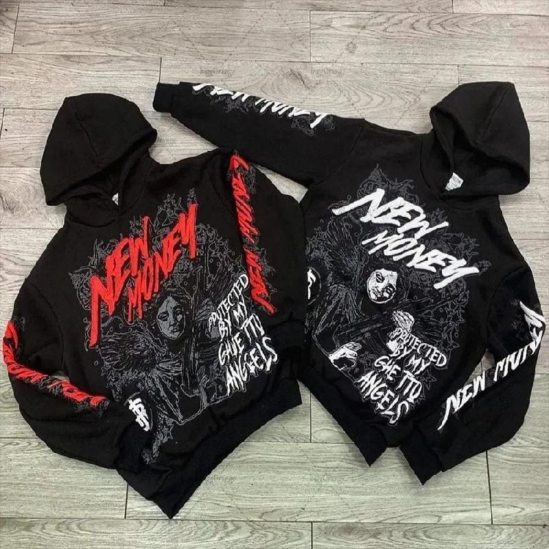 Designer Men's Hoodies 2024 Hoodie American Retro Dark Print Women's Fashion Harajuku Casual Loose Gothic Style Oversized Black Angel Pull