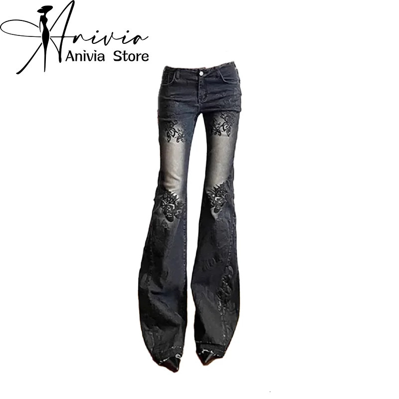 Womens Gothic Y2k Flare Jeans Harajuku Baggy Denim Trousers 90s Aesthetic Low Waist Jean Pants Vintage 2000s Trashy Clothes 250306