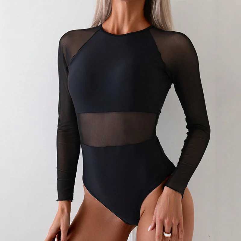 Sexy Transparent Mesh One Piece Swimsuit 2025 Women Black See Through Long Sleeve Slim Fit Tummy Control Swimwear Bathing SuitsXJ250310