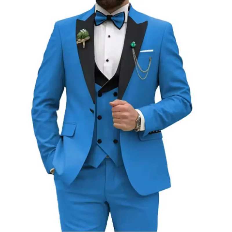 Ultra thin fit mens double chest formal business mens jacket set with lapel collar party wedding dress (jacket+vest+pants) W250310