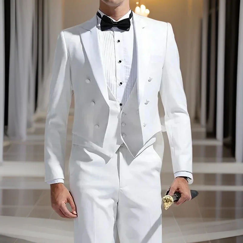 White Tailcoat Men's Wedding Suits Groom Tuxedo 3 Pieces Terno Male Fashion Smoking Jacket With Pants Vest