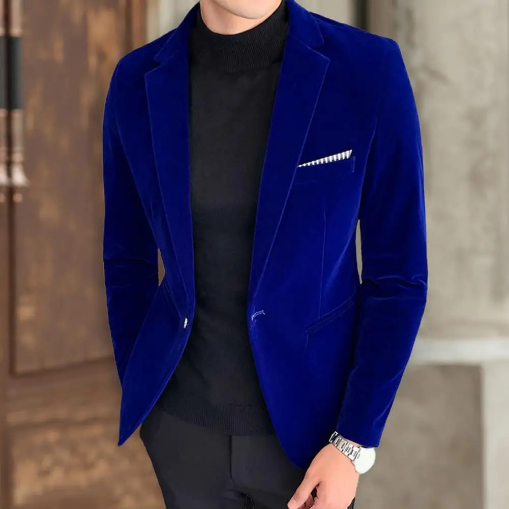 Velvet Men Blazer Temperament Turndown Collar Single Button Slim Fit Suit Coat Elegant Lining Male Formal Jacket 250226
