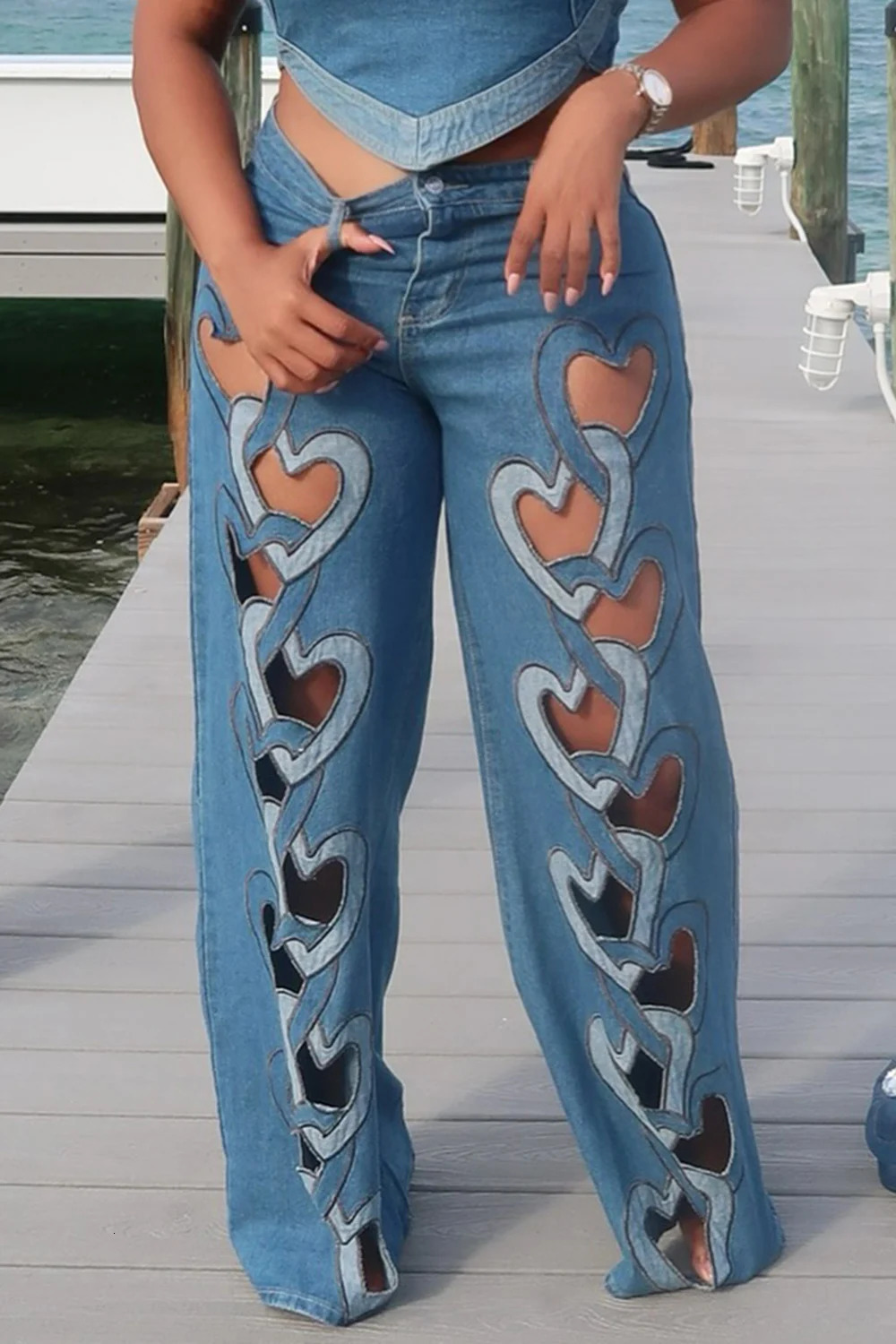 Womens Plus Size Jeans Daily Blue Heart Cut Out Wide Leg Denim Jeans 250306