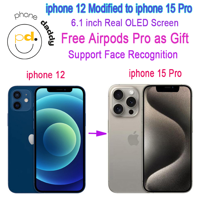 Unlocked Apple iPhone 12 converted to iphone 15 Pro cellphone Real IOS show"iphone 15 pro"in settings 4GB RAM 64GB/128GB/256GB ROM Support