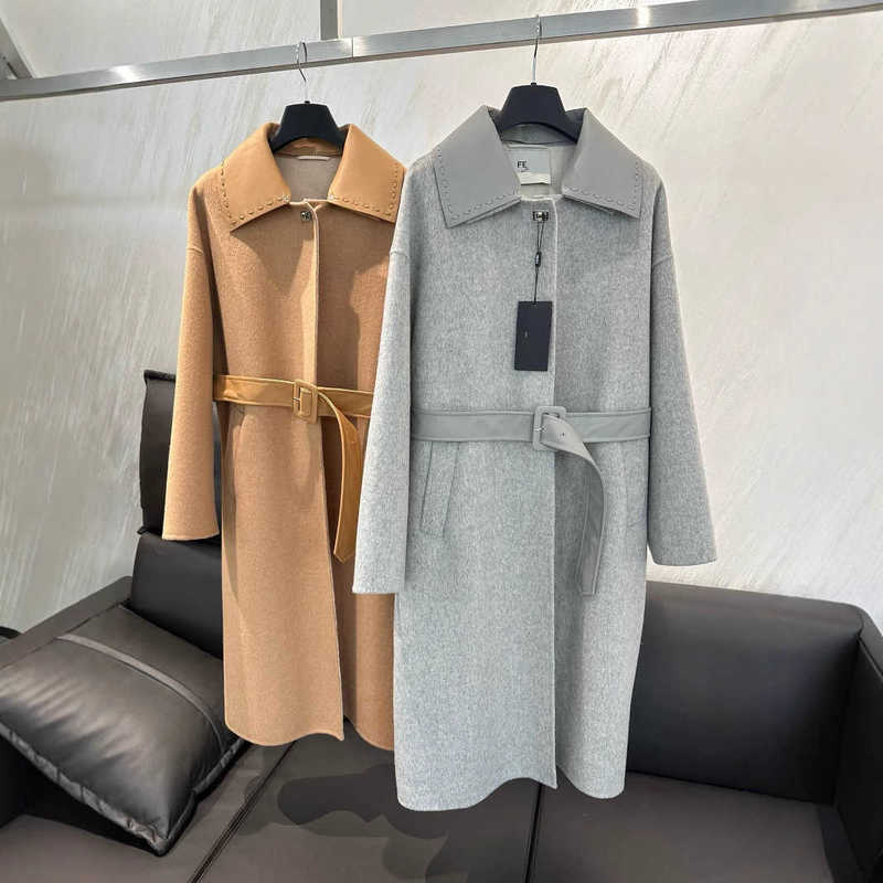 Designer des mélanges de laine pour femmes 2024 automne / hiver Nouveau F Double face couche de cachemire AB Côté long col en cuir GPMN
