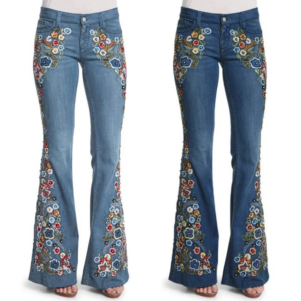 Pantaloni di bagliori in denim ricamato da donna retrò pantaloni dritti in difficoltà taglie taglie eleganti jeans gamba larga da donna palazzo 2503