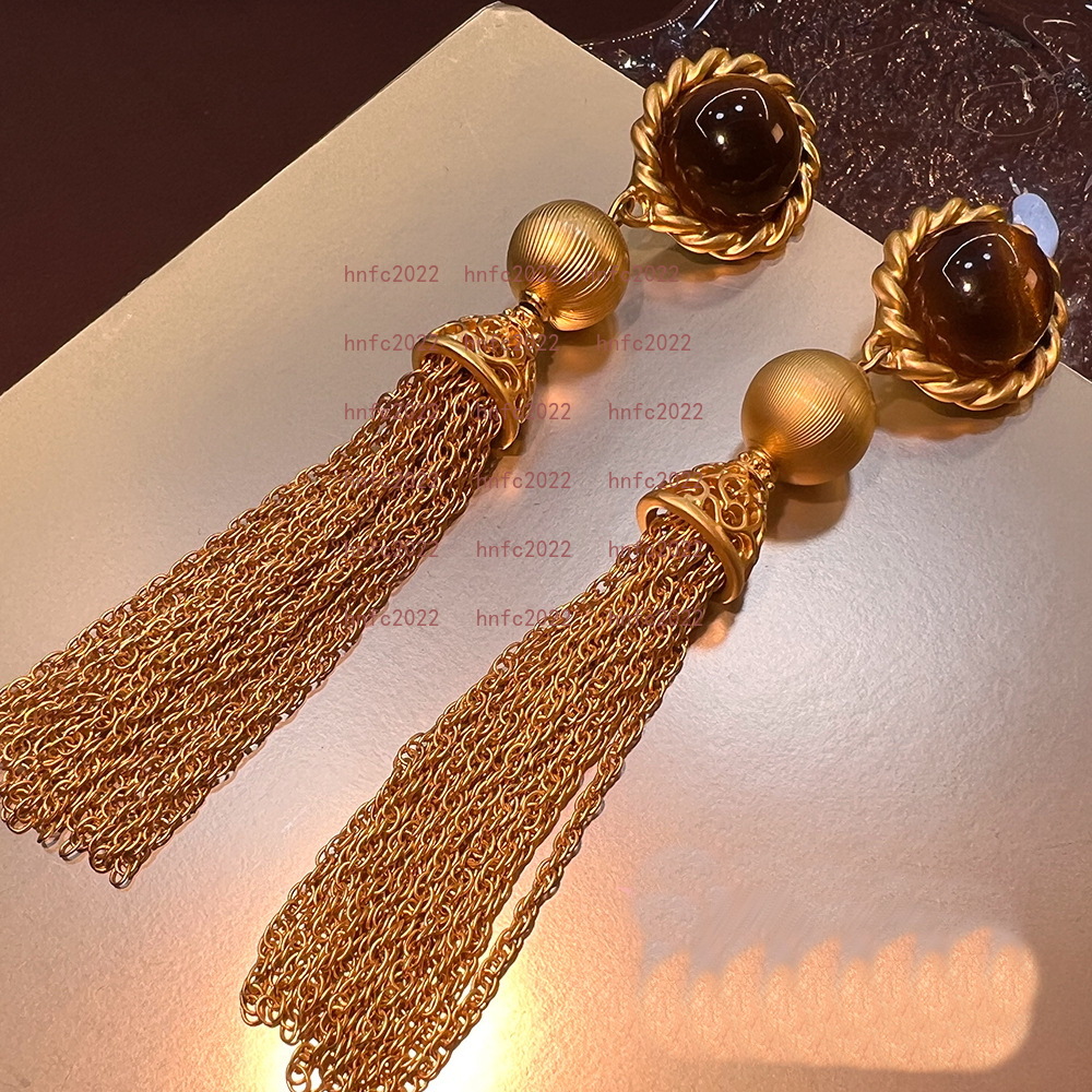 Maillard Pierre Naturelle Oeil De Tigre Gland Boucles D'oreilles Vintage Cuivre Plaqué Or Vente Chaude Épaule Balayage Long Vintage Bijoux Design