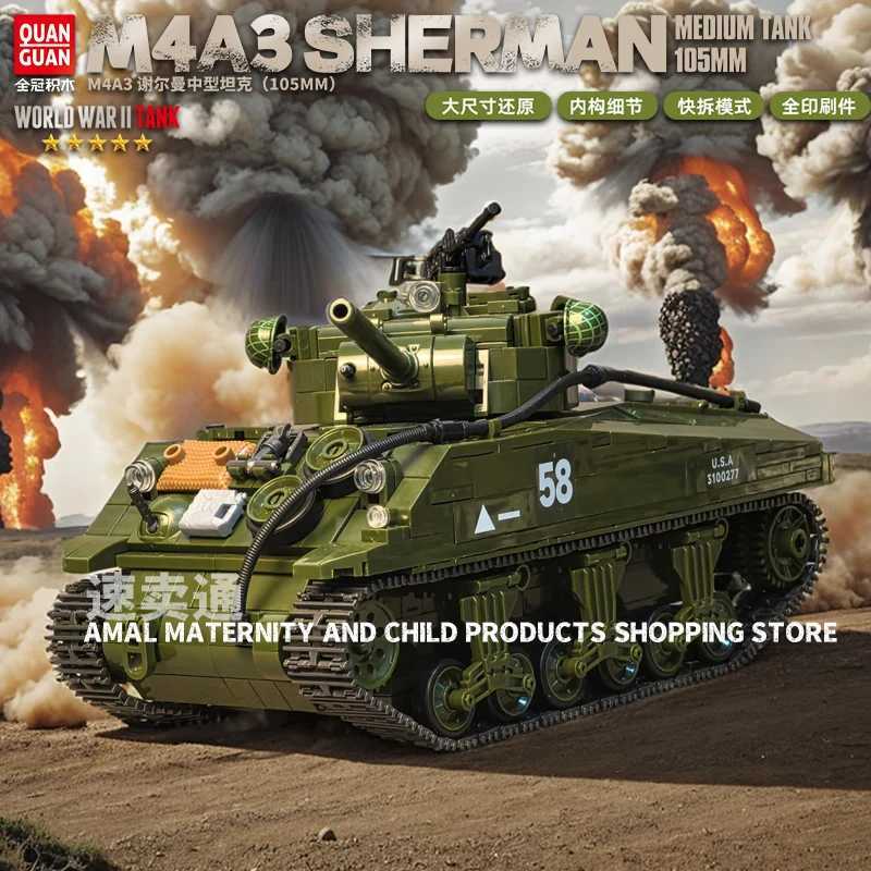 M4A3 Sherman Medium Tank Childrens Assembled Hands on Military Building Blocks ToyC250311-image-1048247249