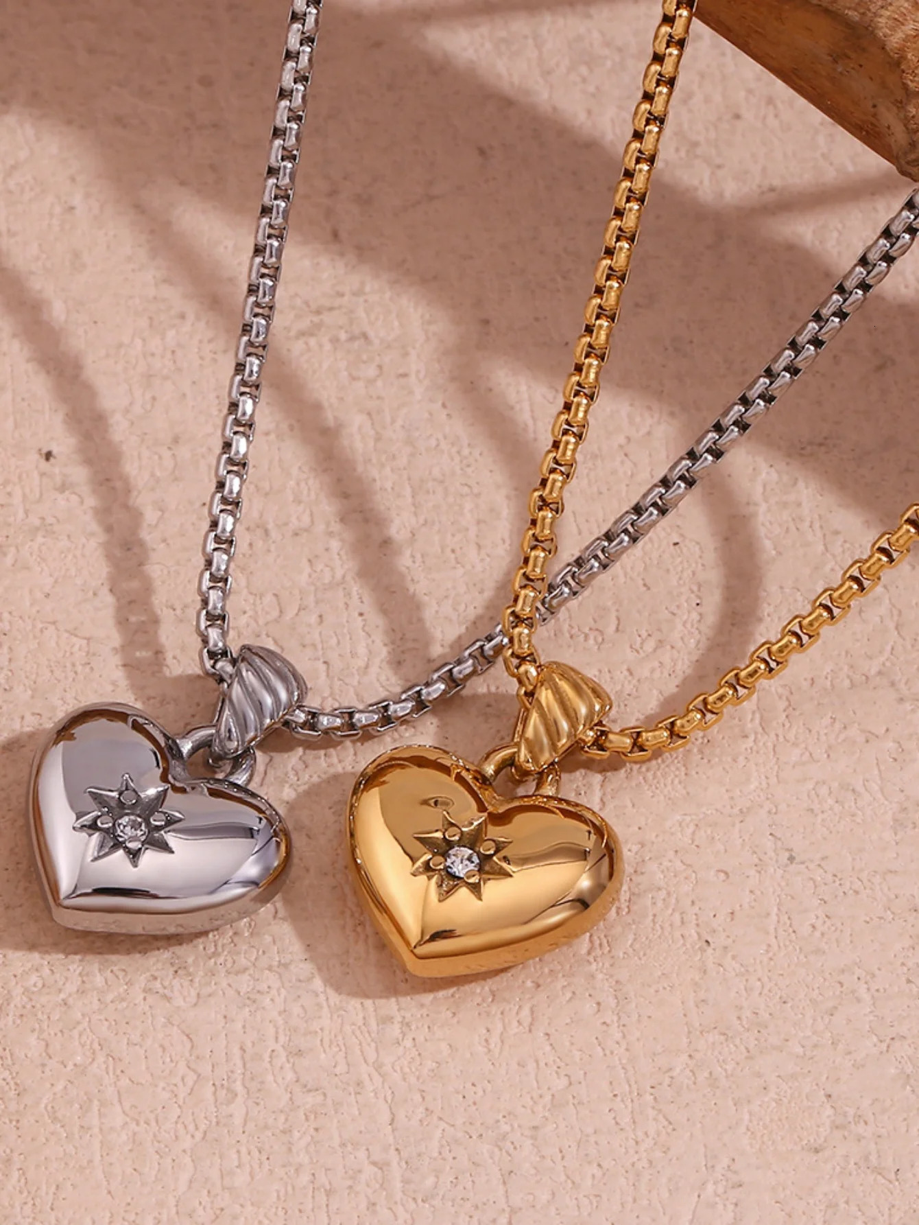 Thick Chain Star Shaped Zircon Heart Pendant Necklace Tarnish Free 18K Gold Plated 316L Stainless Steel 250310