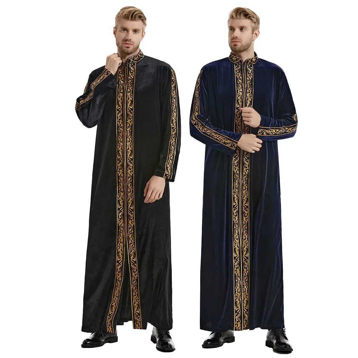 2025 Mens Embroidered Stand Collar Ramadan Thobe Dubai Luxury Islamic Kaftan Long Sleeve Ankle Length Robe Premium CottonXJ250310