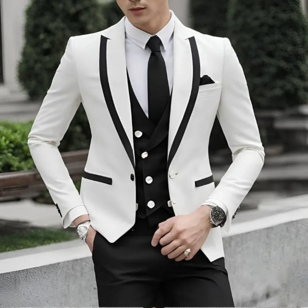 Formal Men Suits Black and White Slim Fit 3 Pieces Wedding Tuxedo Groom Fashion Jacket with Pants Vest Full Sets Custom Made