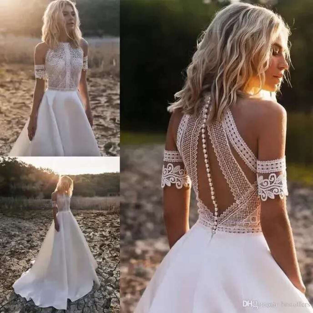 Boho Wedding Dresses A E Jewel Neck Lace Satin Bridal Gowns Buttons Back Beach Robe De Mariee Plus Size