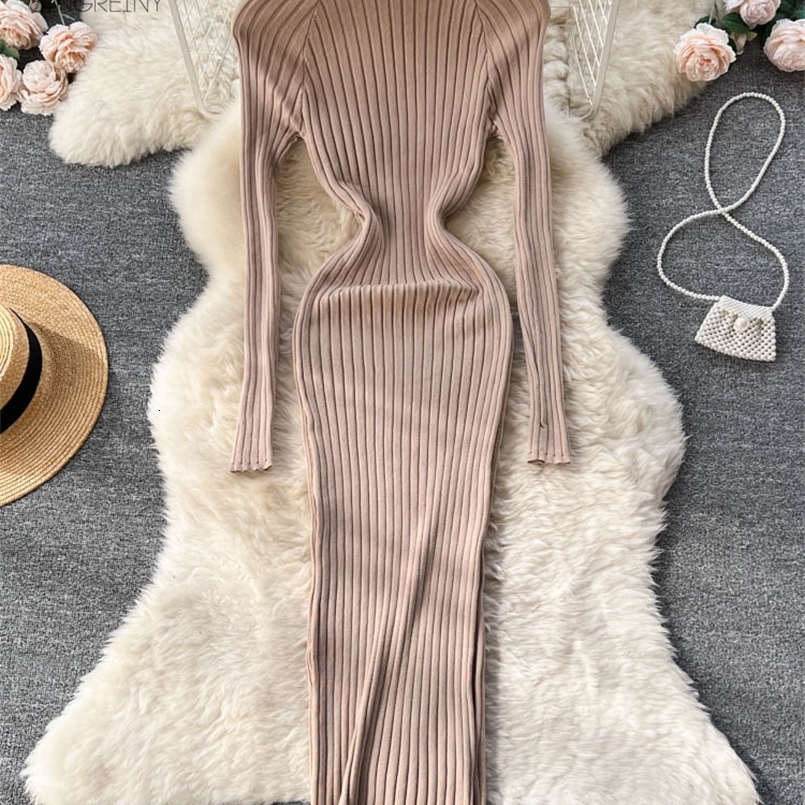 SINGREINY Winter Women Knit Maxi Dress O Neck Autumn Long Sleeve Slim Solid Harajuku Ladies Fashion Pencil Sweater Long Dresses 250227