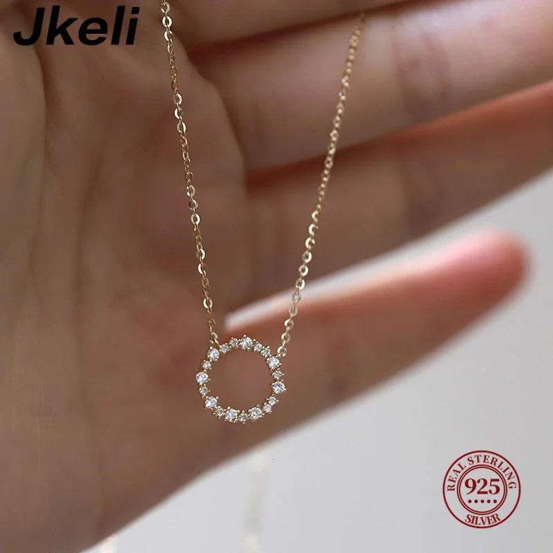 Jkeli -100% S925 Sterling Silver Plated 18K Gold Necklace with Full Diamond Circle Style Japanese and Korean K Gold Collar Chain250304
