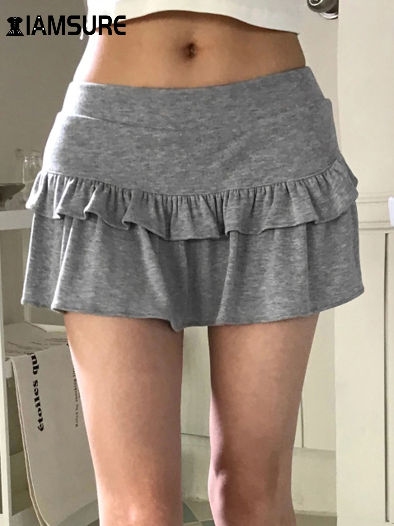 IAMSURE Casual Solid Ruffles A-Line Skirts Preppy Style Basic Slim Low-Waisted Mini Skirts Women 2025 Summer Fashion Streetwear 250310