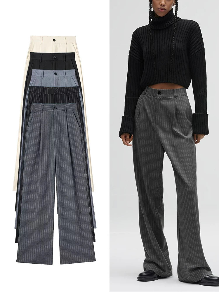 TRAF Womens Fashion High Waist Striped Straight Leg Pants Vintage Zipper Loose Solid Color Office Casual 250310