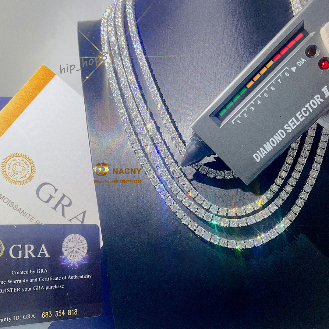 Hiphop Jewelry 3mm 4mm 5mm Silver Necklace 925 Silver VVSmoissanite Diamond Pass Diamond Tester Tennis Chain