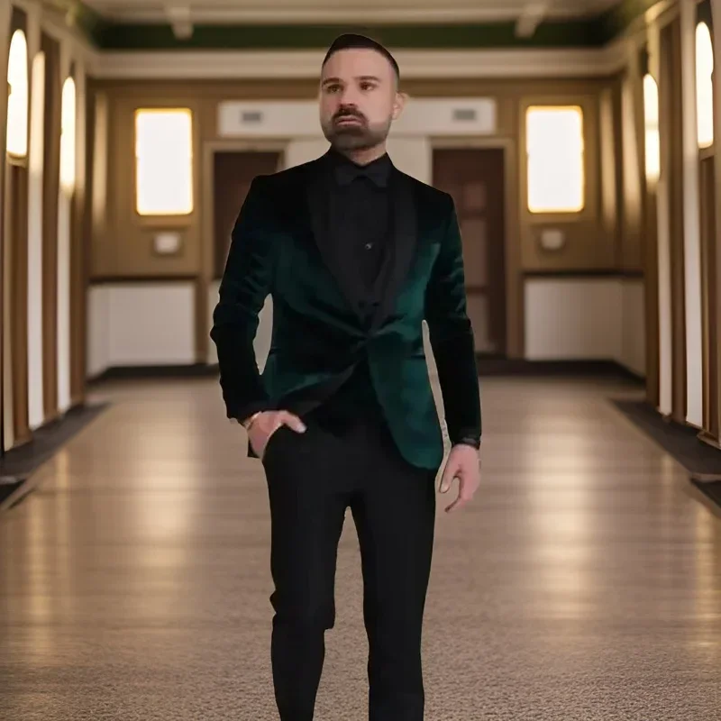 Wedding Groom Tuxedos Shawl Lapel Slim Fit Men Suits Business Fashion 1 Button Velvet Smoking Blazer 2 Pcs (Jacket + Pants)