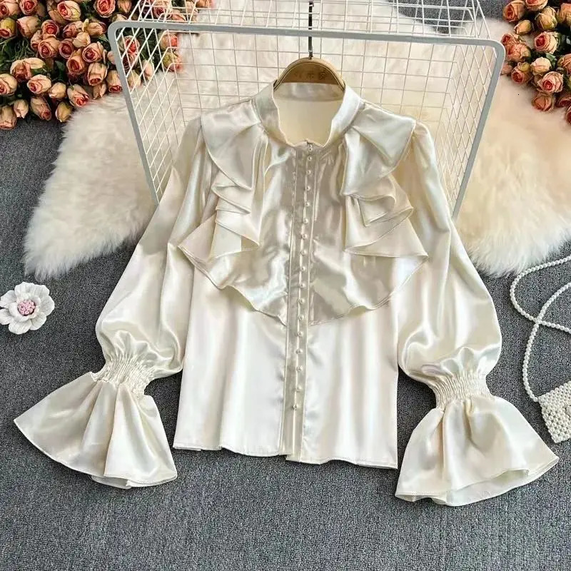 Flare Sleeve Stand Collar Acetice Loose Single Breasted Womens Blouse Shirt Korean Fashion Female Clothing Tops Spring 250310
