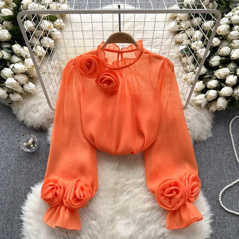 French Style Womens Shirt Three-dimensional Flower Bubble Sleeves Versatile Solid Color Chiffon Shirt Long Sleeved Top 250310