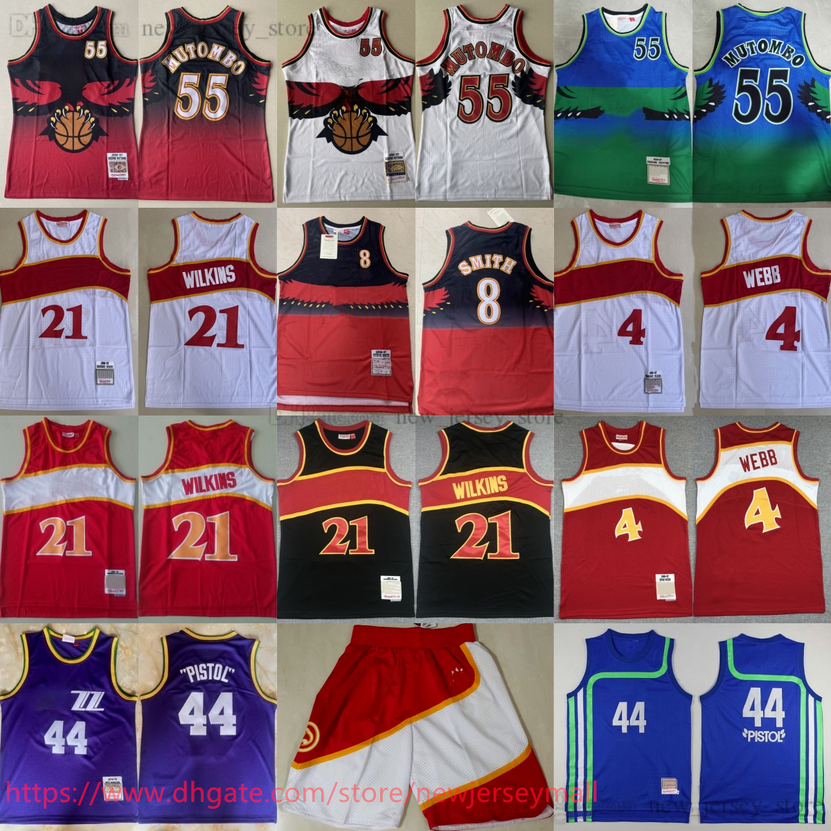 Classic Retro 1996-97 Basketball Mutombo Jersey 1986-87 Wilkins Throwback Webb Stitch Smith Pistol 44 Pete Maravich Jerseys Vintage Red White Breath