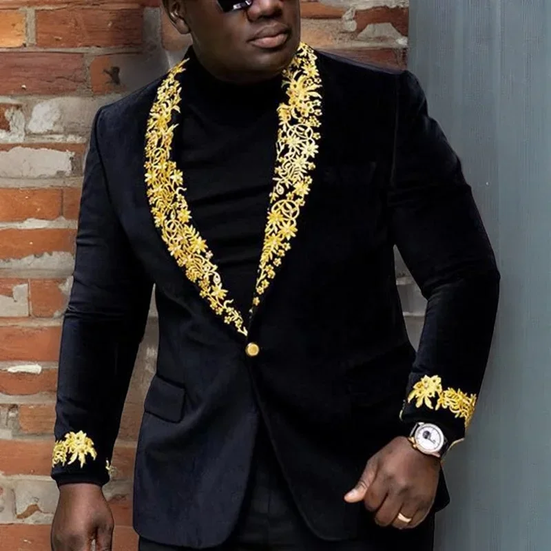 Velvet Suits for Men Tuxedo with Gold Lace Applique Jacket 2 Pcs Wedding Slim Fit Party Dress Blazer with Pants Male Costume