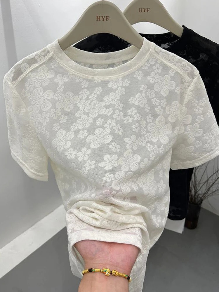 Black Lace Crew Top Solid Elegant Casual Flower y Short Sleeve T Shirts for Women Harajuku Summer Tees Basic 250310