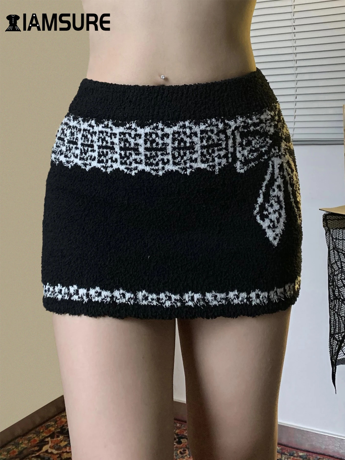 IAMSURE Casual Bow Knitted Bodycon Skirts Basic Slim Mid-Waisted Mini Skirts Women 2025 Autumn Winter Fashion Streetwear Ladies 250310