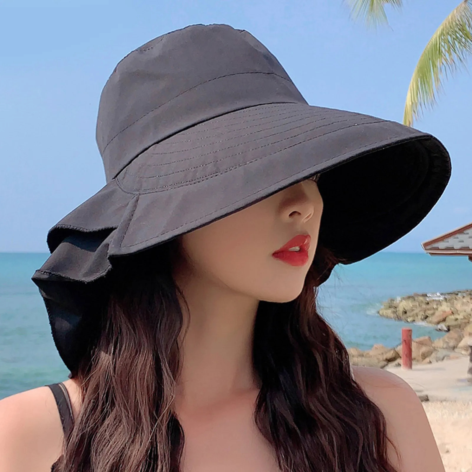 Elegant Hat WomenS Summer Beach Sun Hat Travel Large Brim Fisherman Hat Outdoor Cycling Sun Hat Solid Color Hat 250311