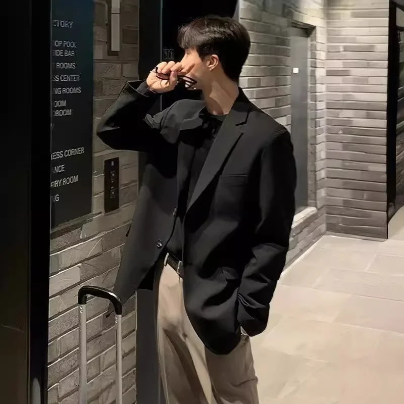 Korean mens casual jacket Western loose fit black single breasted Autumn fashion Dongdaemun style clothing 250226