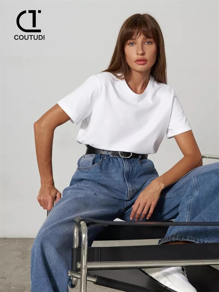 COUPUDI womens oversized summer Tshirt casual streetwear Korean basic pure cotton top young 250310