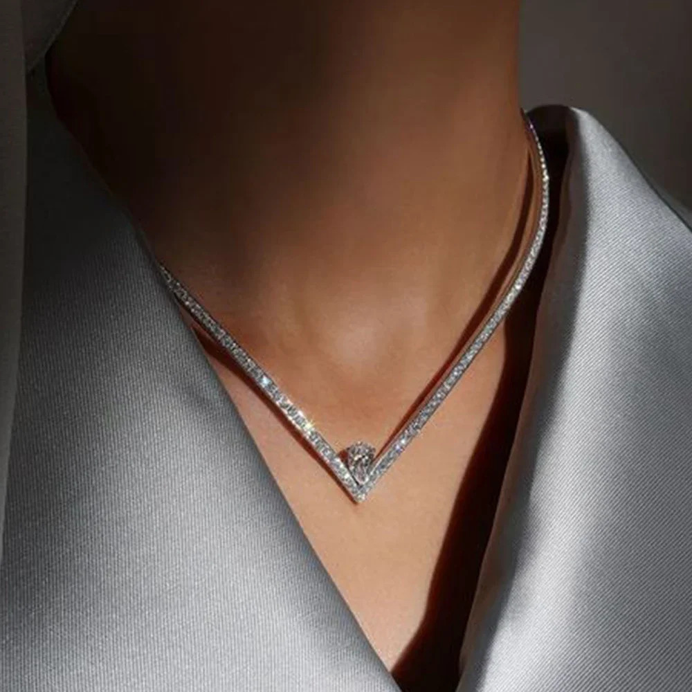 Stonefans V Shape Rhinestone Neckalce Choker Wedding for Women Statement Zircon Water Drop Tennis Chain Necklace Party Jewelry 250310