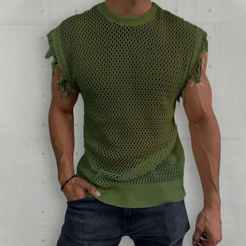 Mens Summer Sleeveless O Neck Basic Pullover Tee For Man Clothing Casual Tassel Solid Shirt Hollow Knit Vest Top Streetwear 250311