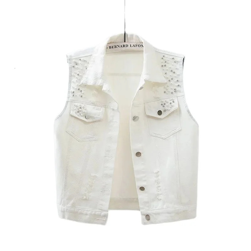 Black Red Yellow Blue White Denim Vest Tops Women Spring Summer Washed Ripped Beaded Sleeveless Jacket Lady Jeans Waistcoat 250311