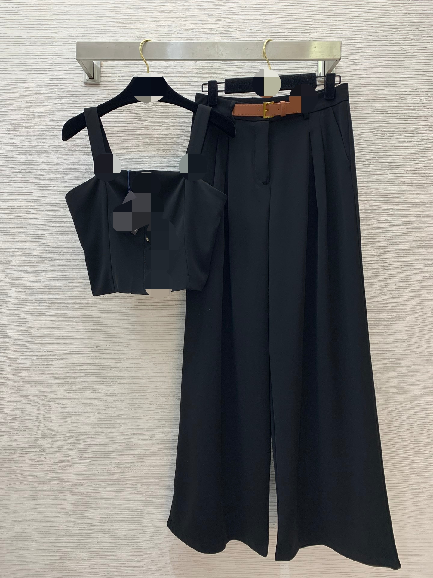 30021 2025 Spring Summer Two Pieces Sets Crew Neck Empire Black Apricot Pullover Long Sleeve Empire Long pants D2031142