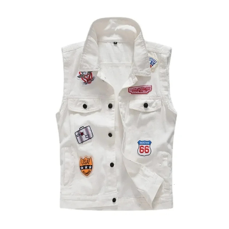 Men White Denim Vests Waistcoats Jackets Fashion Male Slim Fit Denim Coats Vests Street Wear Holes Jeans Vests Size S-5XL 250311