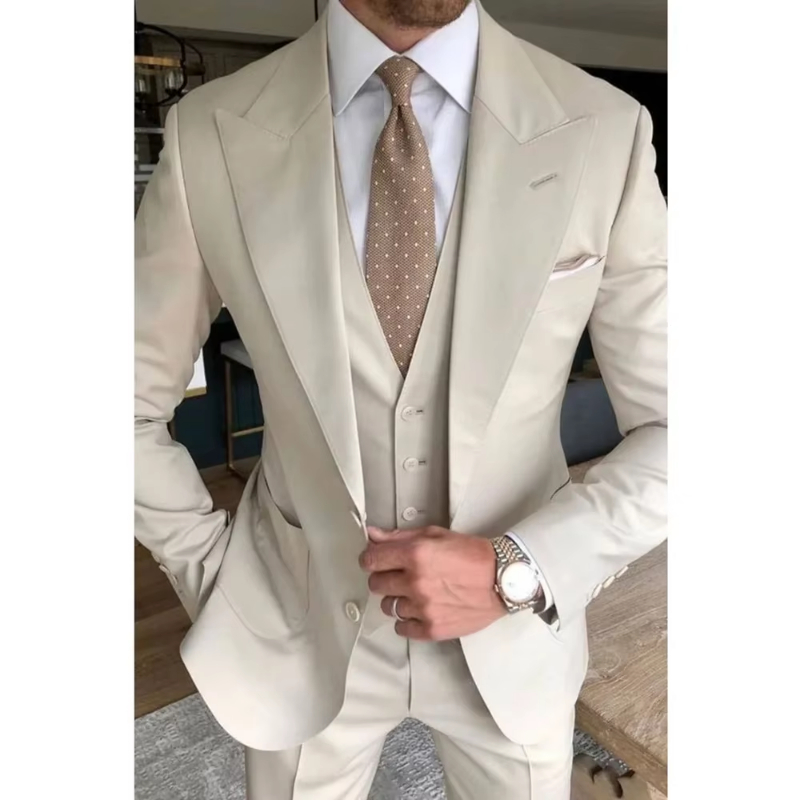 Formal Men Suits 3 Pieces Peak Lapel Wedding Tuxedo for Groom Single Breasted Beige Outfits Business Fashion Slim Fit Suit