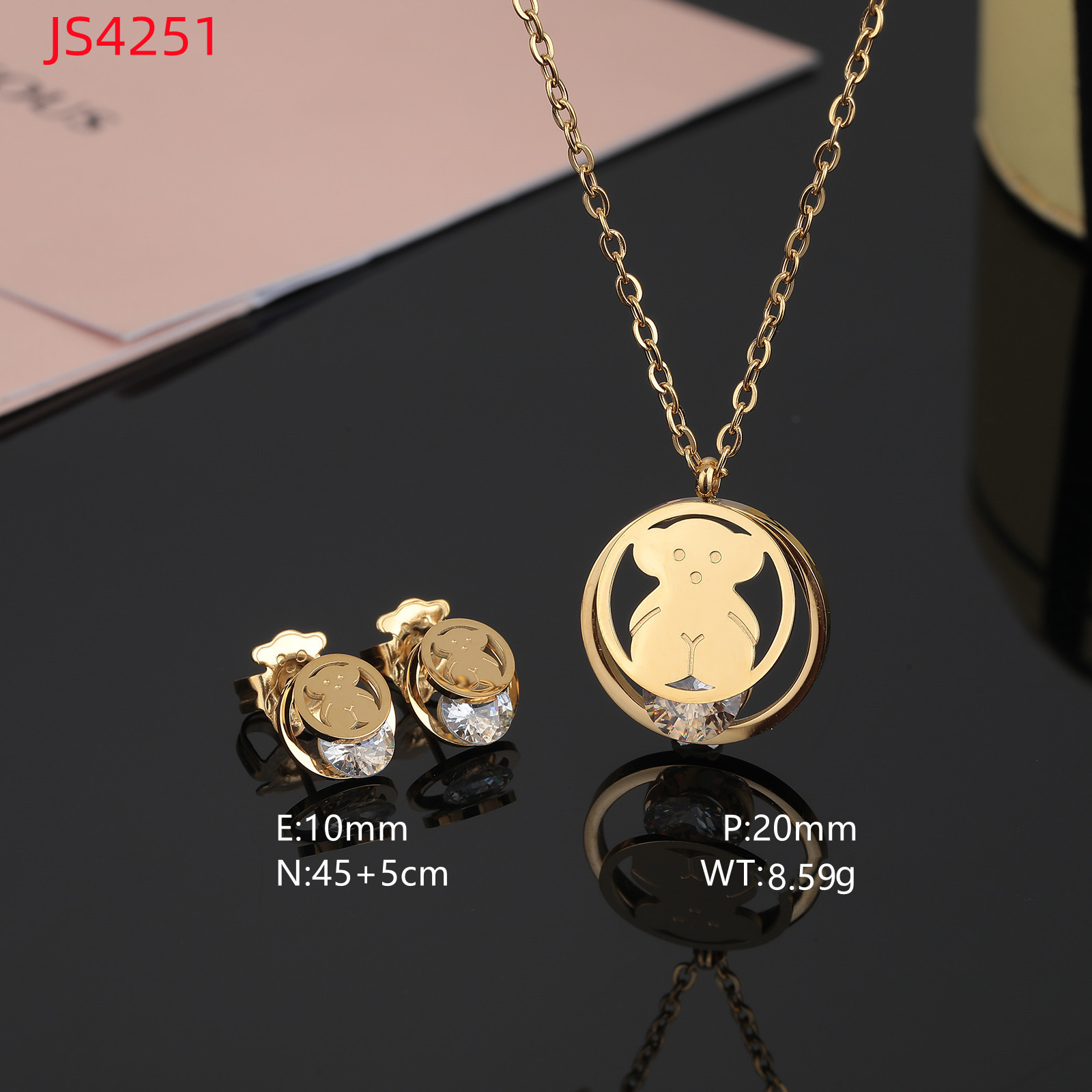 Hot Sale Fashion Women Silver Rose Gold Stainless Steel Bear White Zircon Cartoon Animal Pendant Necklace Earrings Jewelry-image-1075865947