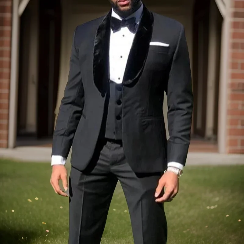 Formal Groom Tuxedo For Wedding 3 Pieces Custom Men Suits Slim Fit Velvet Shawl Lapel Male Fashion Jacket Waistcoat Pants