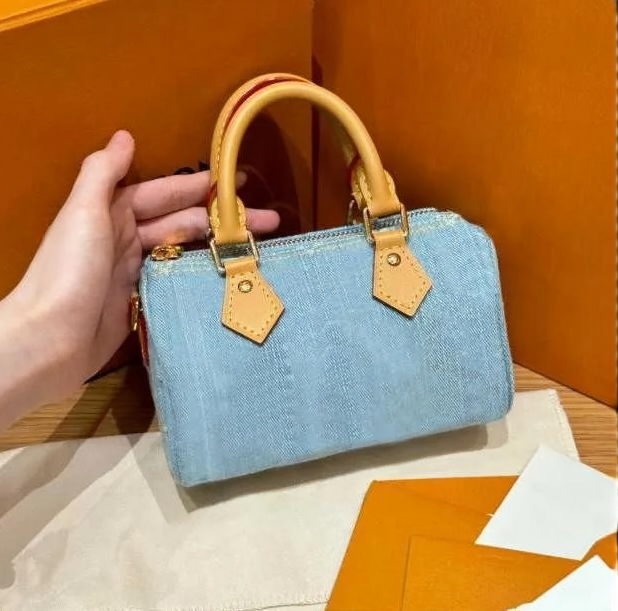 Top Designer Mini Nano 16cm Shoulder Bag Women Leather Denim Crossbody Luxury Brand Embossed Tote Purse Brown Flower Handbag 20cm-image-996555094