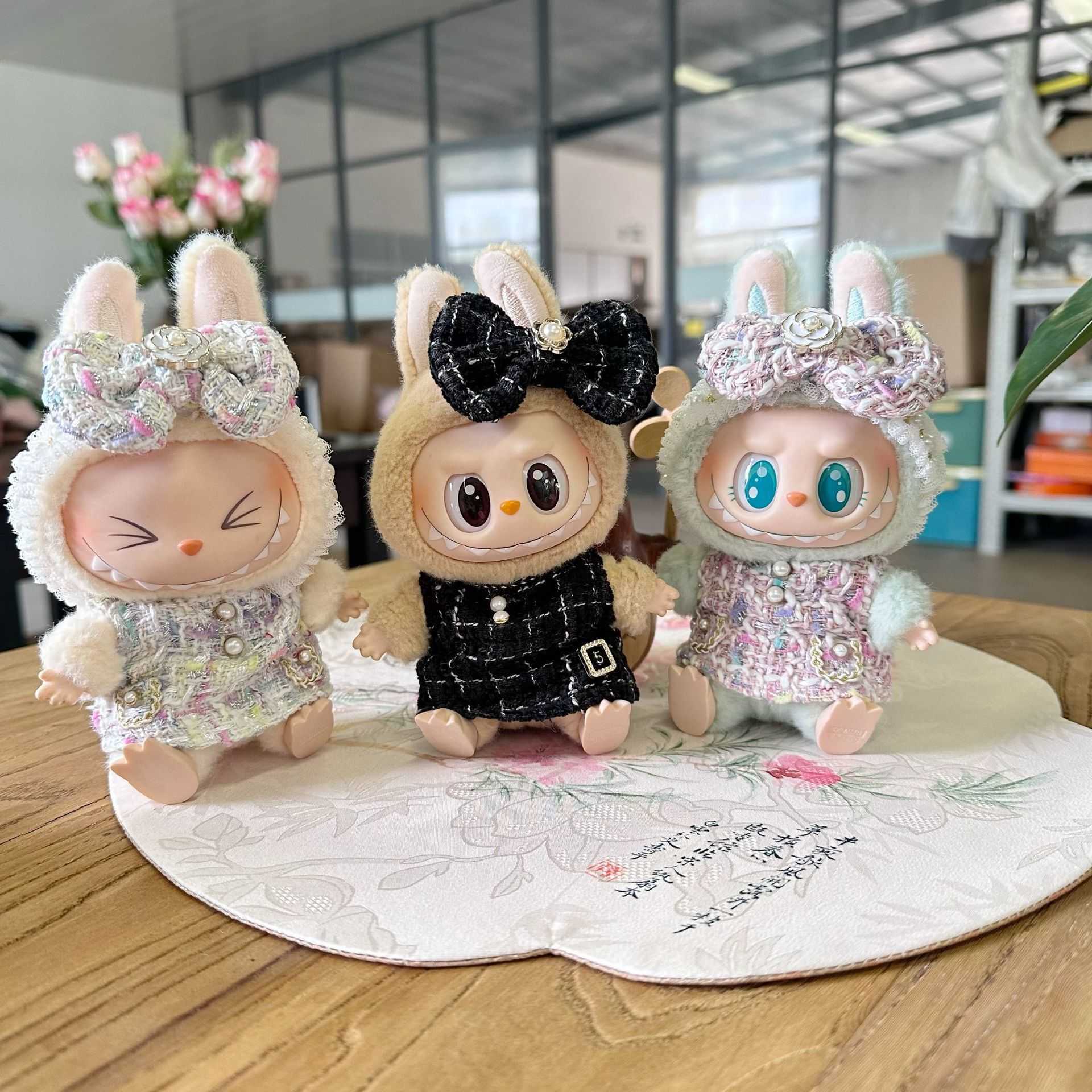 Doll Apparel Only clothes First and second generation blind box canvas doll LABUBU pendant for black white checkered fragrant dress trend H250311-image-1048356735