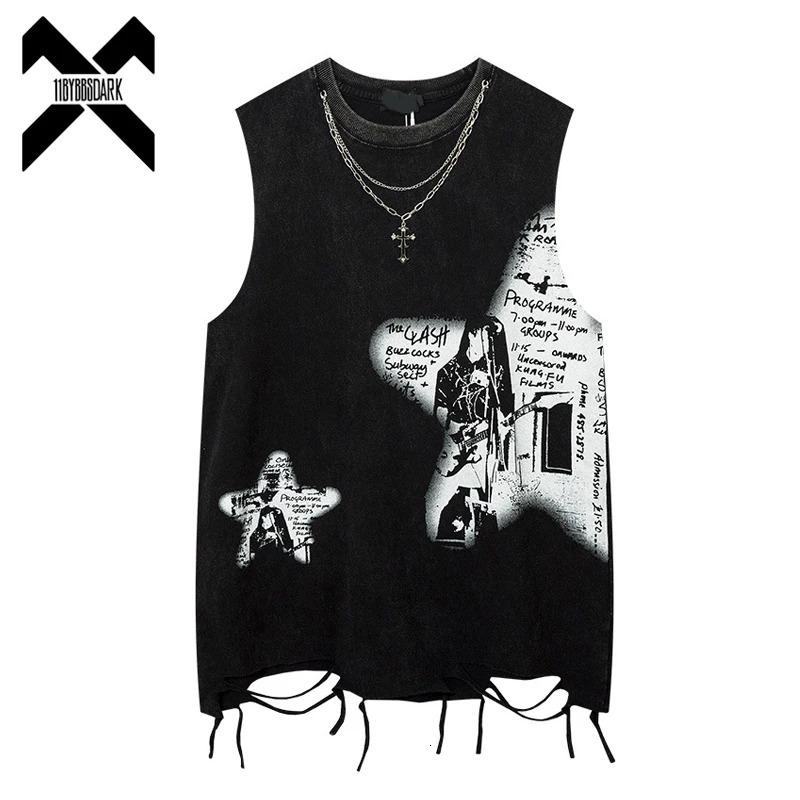 Hip Hop Fashion Tank Mens Graffiti Printed Necklace Sleeveless T Shirt Ripped Hole Harajuku Dancing Tops Streetwear 250311