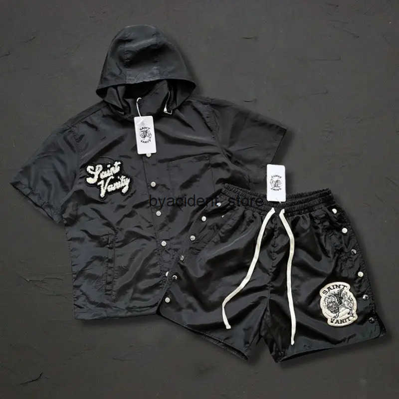 Men's Tracksuits Saint Vanity Black Shirt Set 1 1 High Quality Towel Embroidery Stickers Casual Side Buckle Drawstring Shorts Mens and Womens C