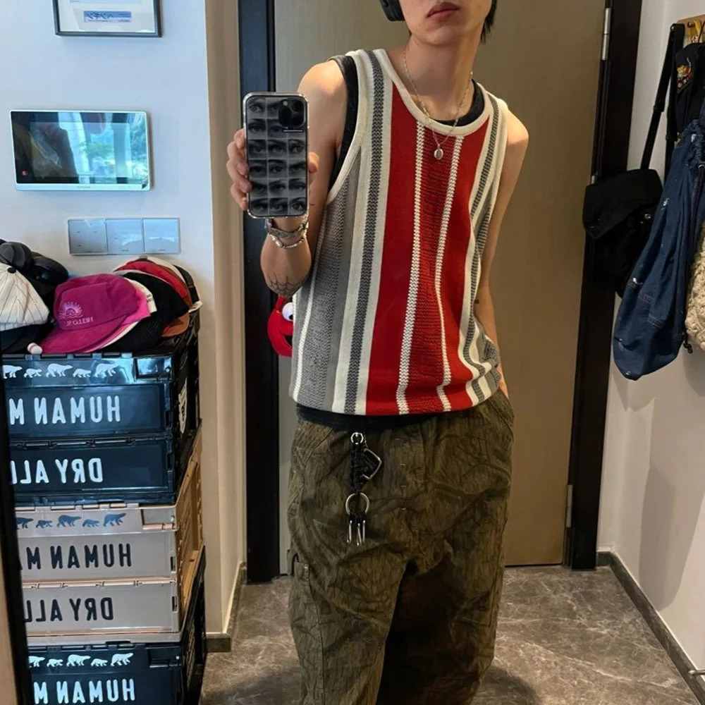 Mens Color Matching Striped Small Mesh Knitted Vest Daily Breathable Quick-Drying Sports Tank Top Mens Clothing Summer 250311